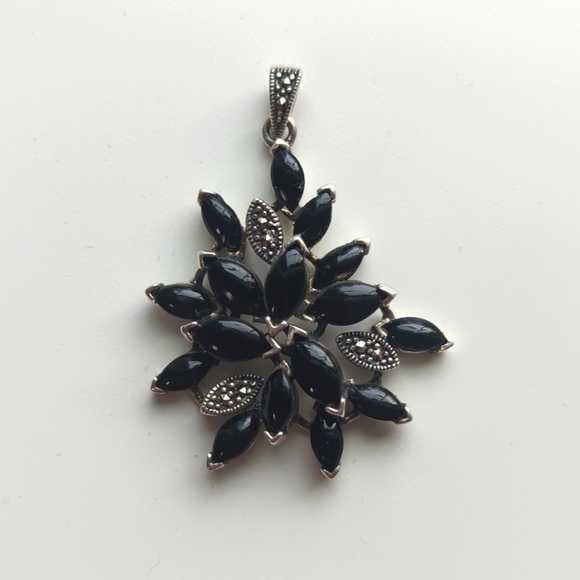 Sterling Silver Black‎ Marcasite And Onyx Floral Pendant 2